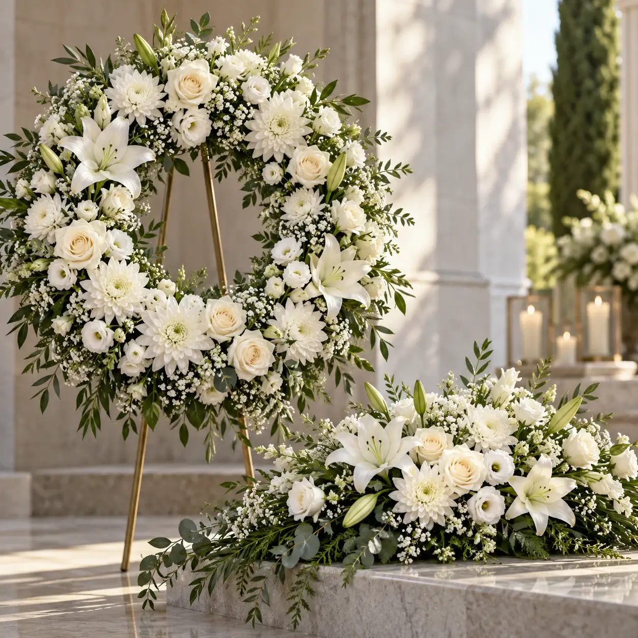 Coroa floral branca em cenário memorial